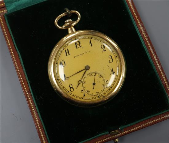 A Tiffany & Co 18ct gold-cased open face pocket watch having circular gilt Arabic dial with subsidiary seconds dial,